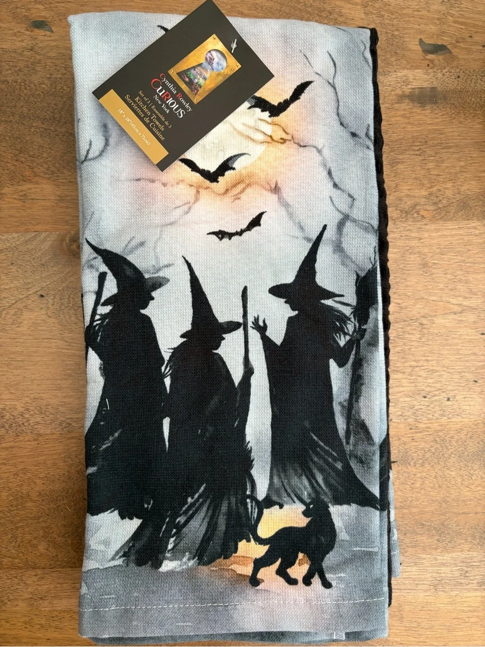 Halloween Towels 3 Witches Moonlight Sky Black Cat 3 pk NWT